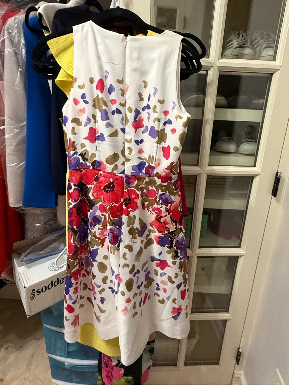 Donna Morgan White Floral Fit-and-Flare Mini Dress with Pink and Purple Blooms - Picture 6 of 7